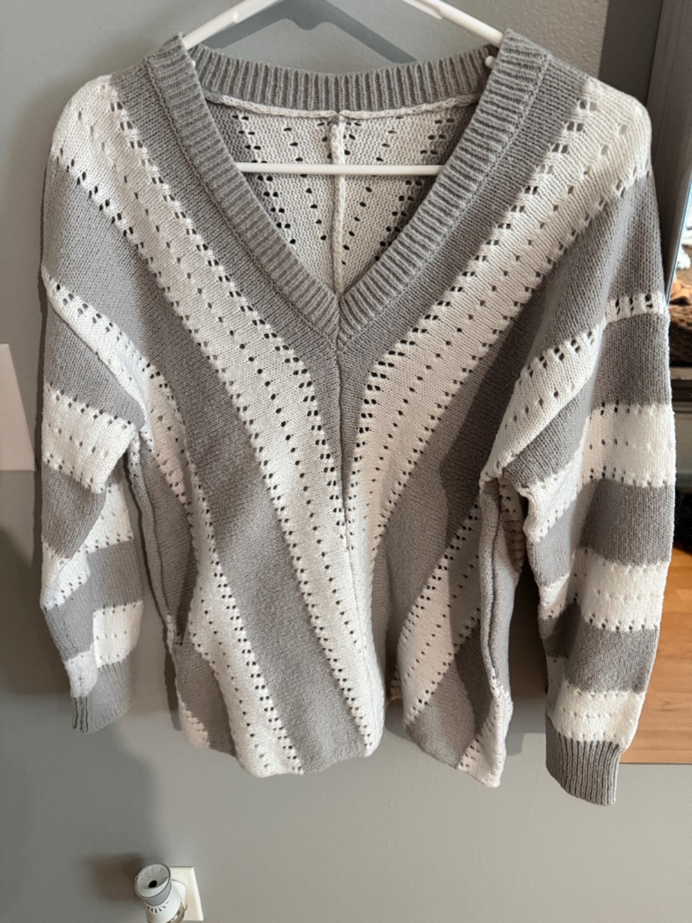 SHEIN Gray and White Striped V-Neck Open-Knit Sweater